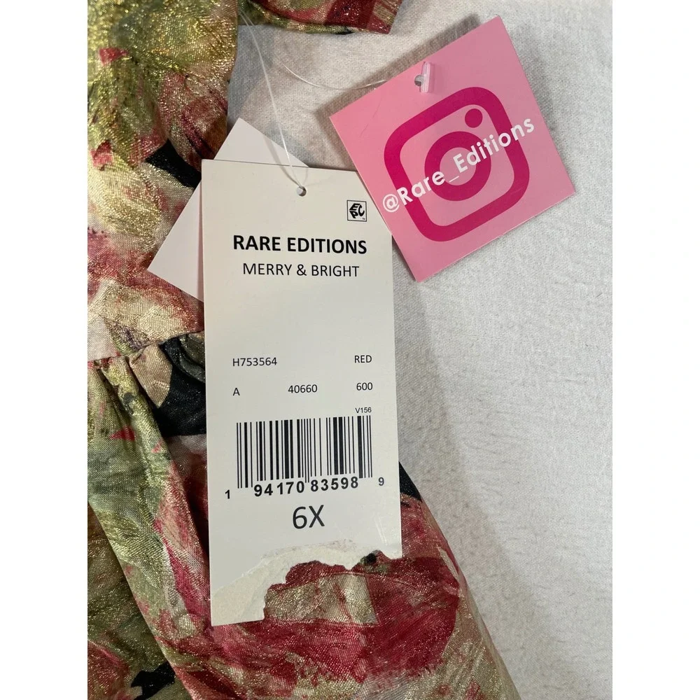 Rare Editions Girls Red Gold Floral Brocade Puff Sleeve Party Dress 6X New